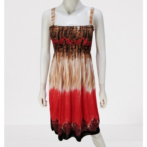 Romantic Sini Woman's Brown & Red Abstract Floral Sun Dress Size: Medium, New - Picture 1 of 8